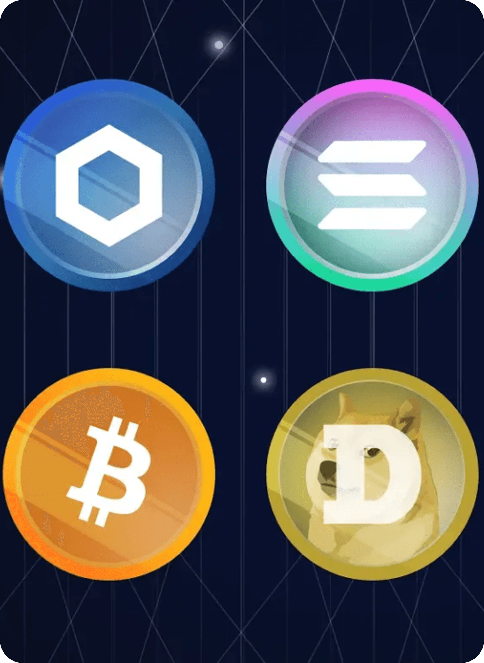 Cryptocurrency logos including Bitcoin, Ethereum, Solana and Dogecoin on a digital network background